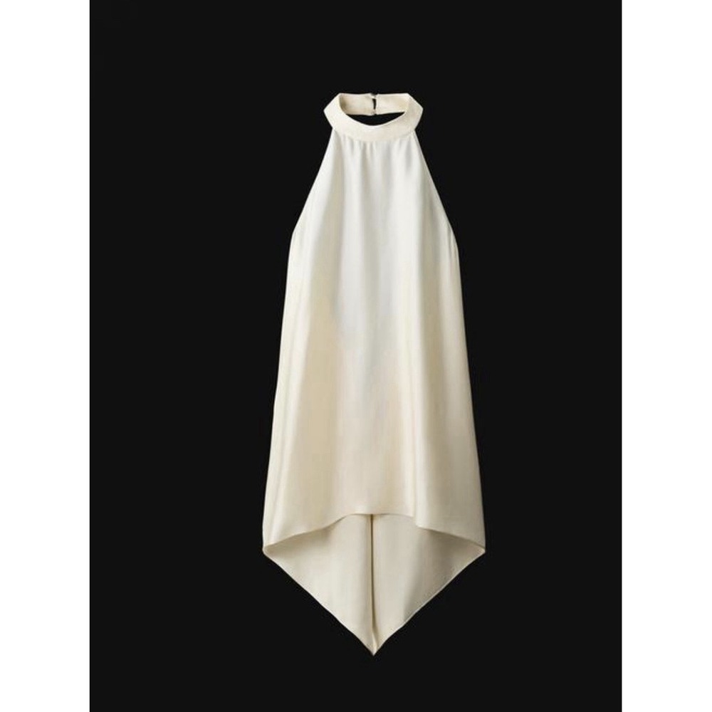 Zara Woman ZW Collection Halter Open Back Top Festival Flowy Satin Ivory